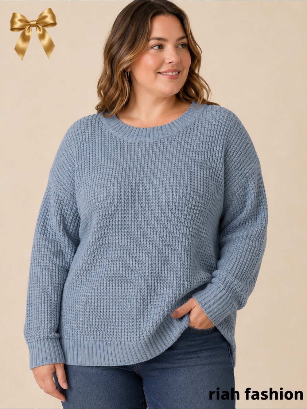 Riah Fashion Dusty Blue Knit Pullover Sweater Size Large